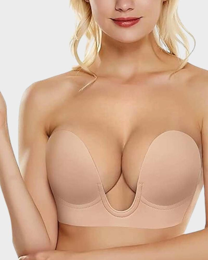 Woman in champagne push-up plunge bra with smooth silhouette suitable for everyday wear