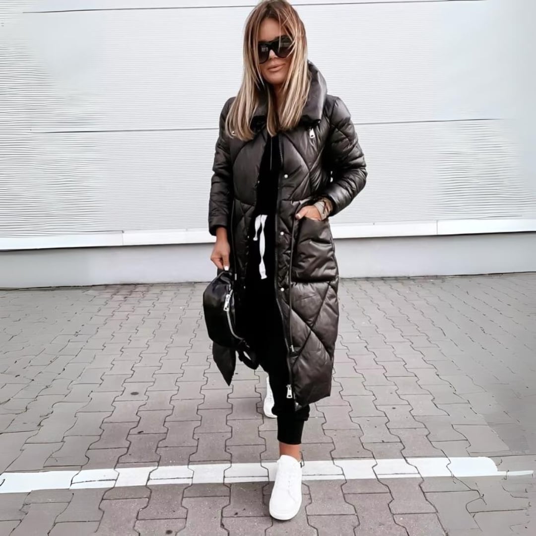 Sharon winter coat styled with trousers and boots for a polished cold-weather look
