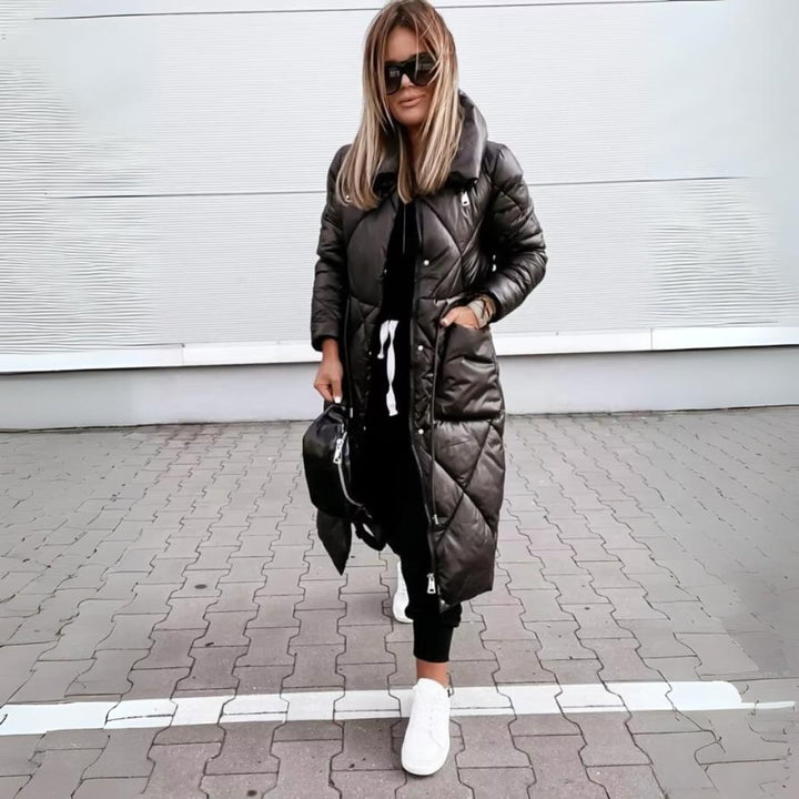 Sharon winter coat styled with trousers and boots for a polished cold-weather look