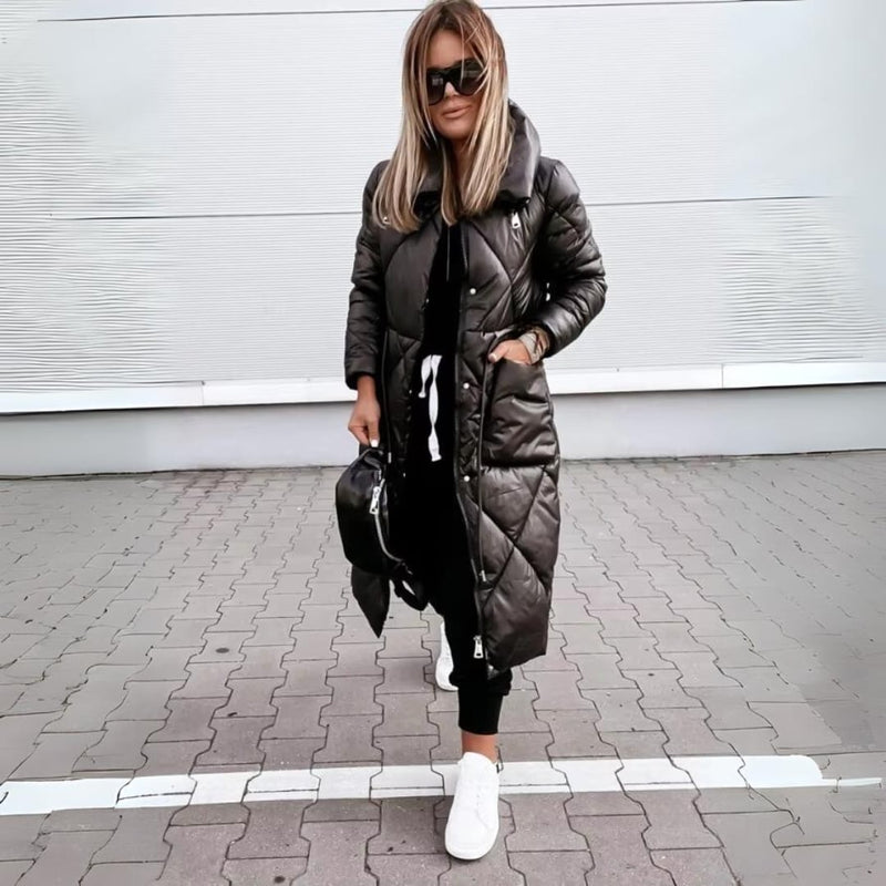 Sharon winter coat styled with trousers and boots for a polished cold-weather look