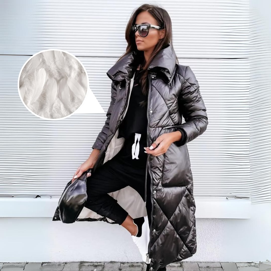 Side profile of the Sharon winter coat in black showing the flattering silhouette and sleeve length