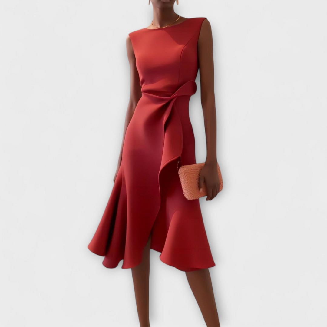 Animated gif showing a woman wearing the draped asymmetric midi dress, highlighting the flowing fabric movement