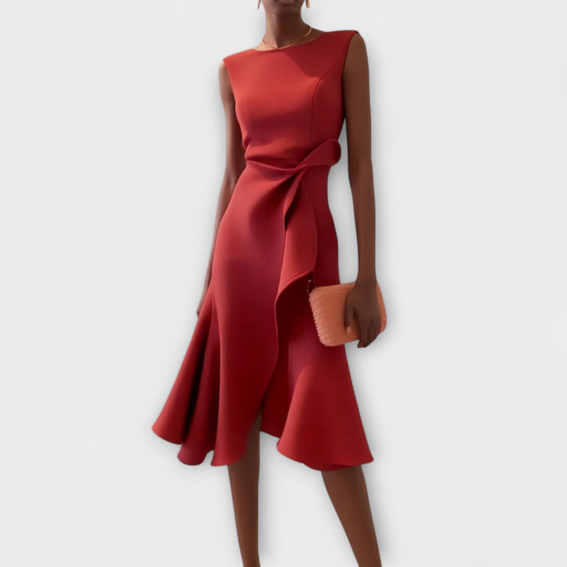 Animated gif showing a woman wearing the draped asymmetric midi dress, highlighting the flowing fabric movement