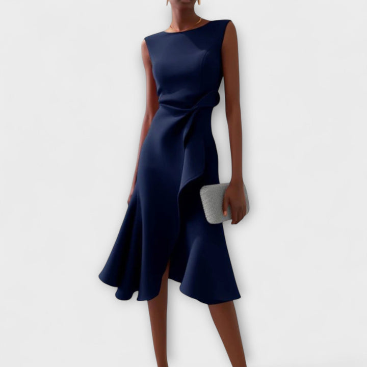 Front view of the draped asymmetric midi dress showing the sleeveless cut and asymmetric hemline