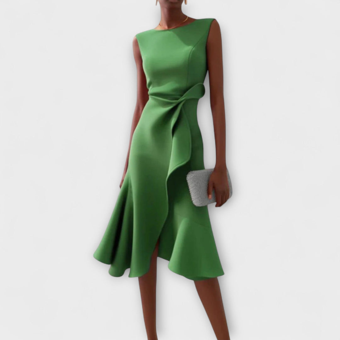Back view of the sleeveless draped asymmetric midi dress