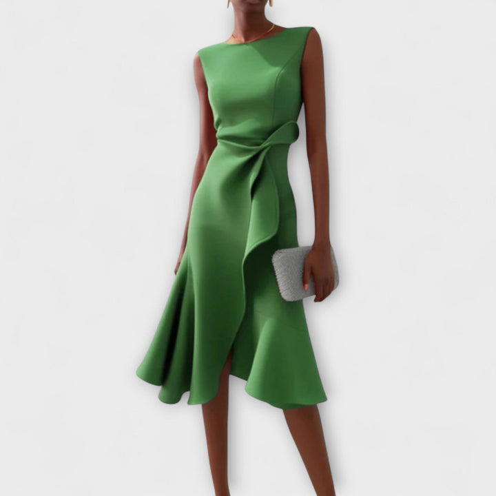 Back view of the sleeveless draped asymmetric midi dress