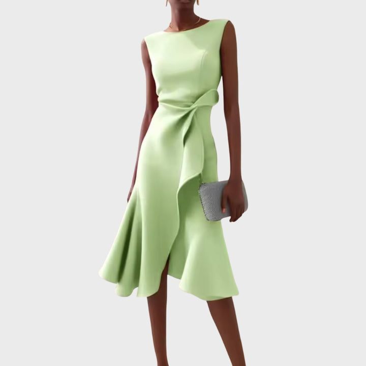 Detail shot of the draped neckline and shoulder area of the asymmetric midi dress