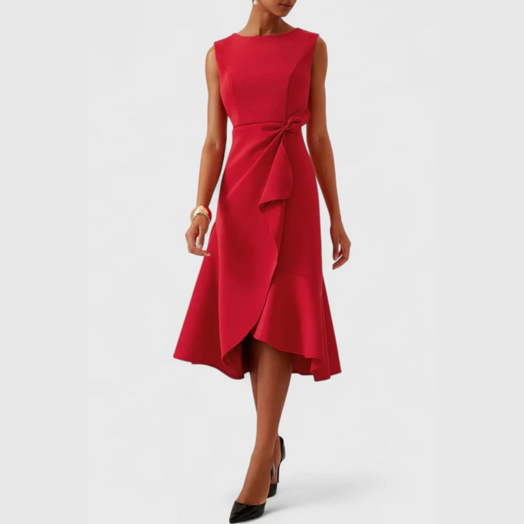 Front and side angle of the draped asymmetric midi dress on a model