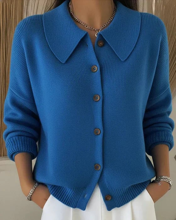 Woman wearing a soft button-up collar cardigan in a relaxed fit, styled for everyday wear