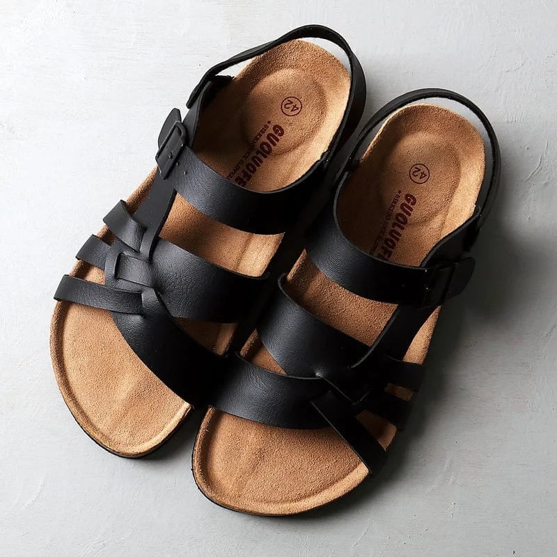Sienna women's flat sandals in black with secure straps and cushioned footbed, front view