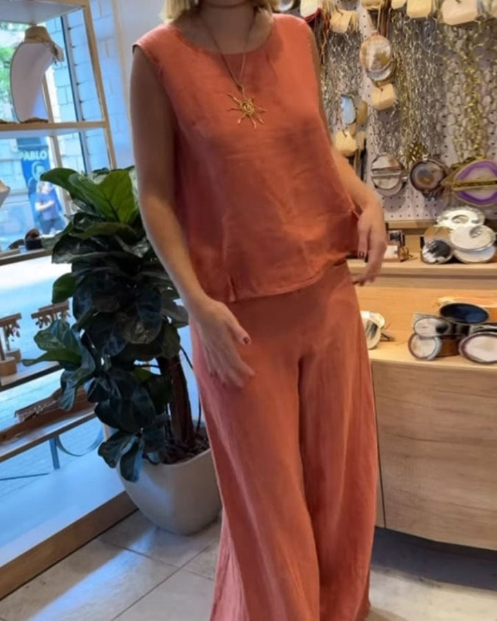 Front view of the Sienna two-piece set showing the relaxed sleeveless top and flowing wide-leg trousers