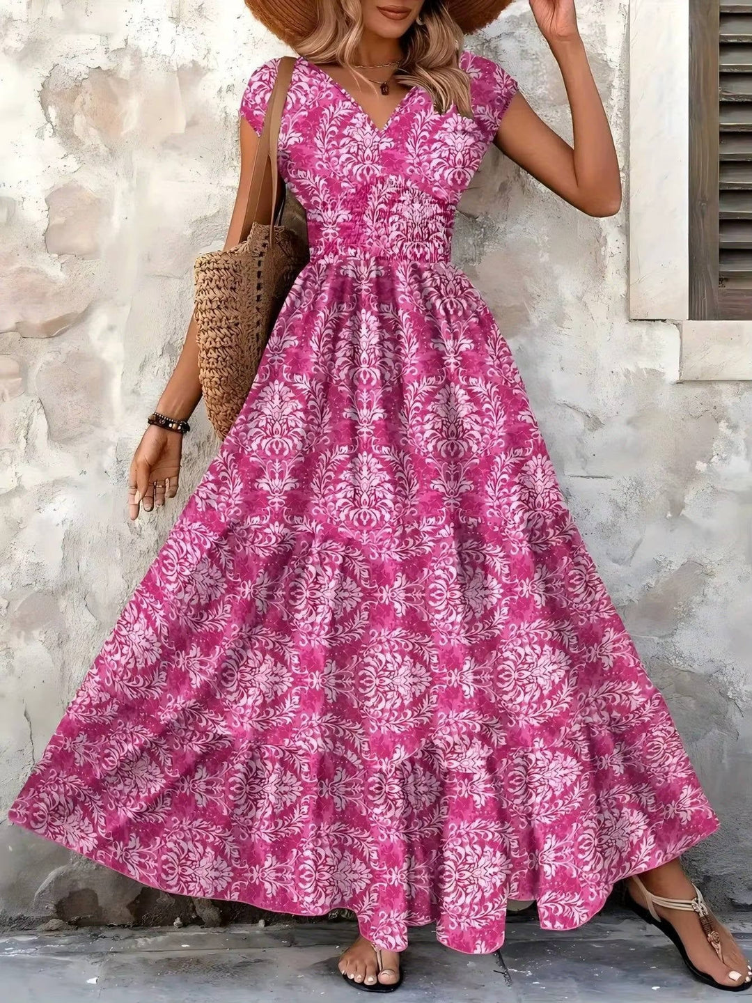 Sienna maxi dress in green colorway with all-over boho damask print