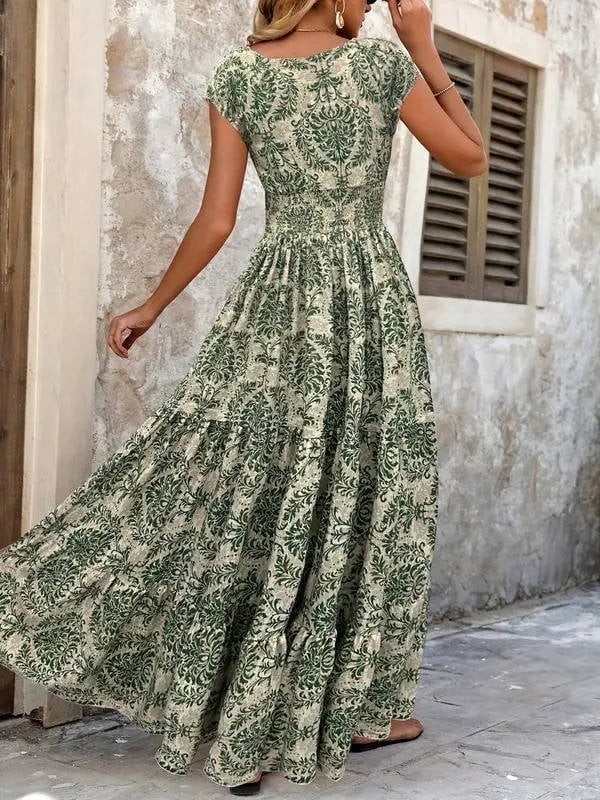Full-length view of the Sienna tiered maxi dress showing the floor-grazing hem