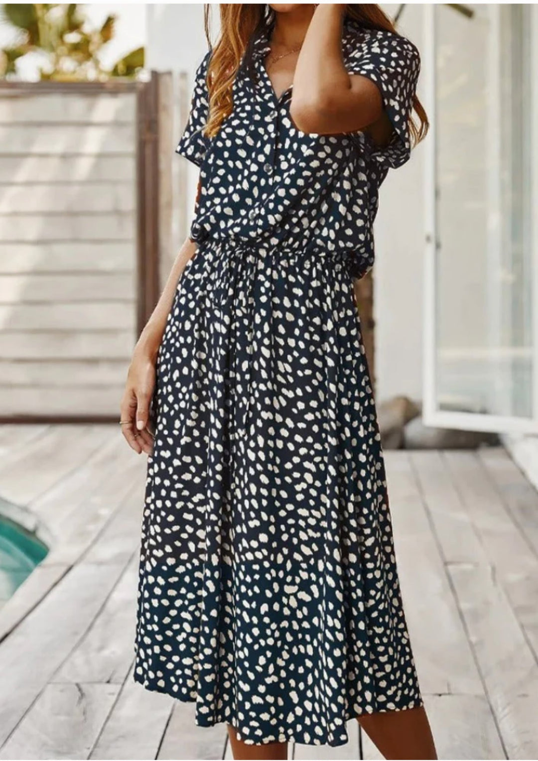 Sienna spotted print button-down midi dress in white, front view on model