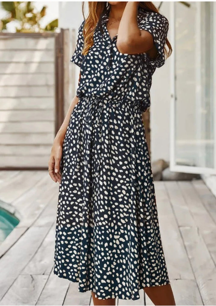 Sienna spotted print button-down midi dress in white, front view on model
