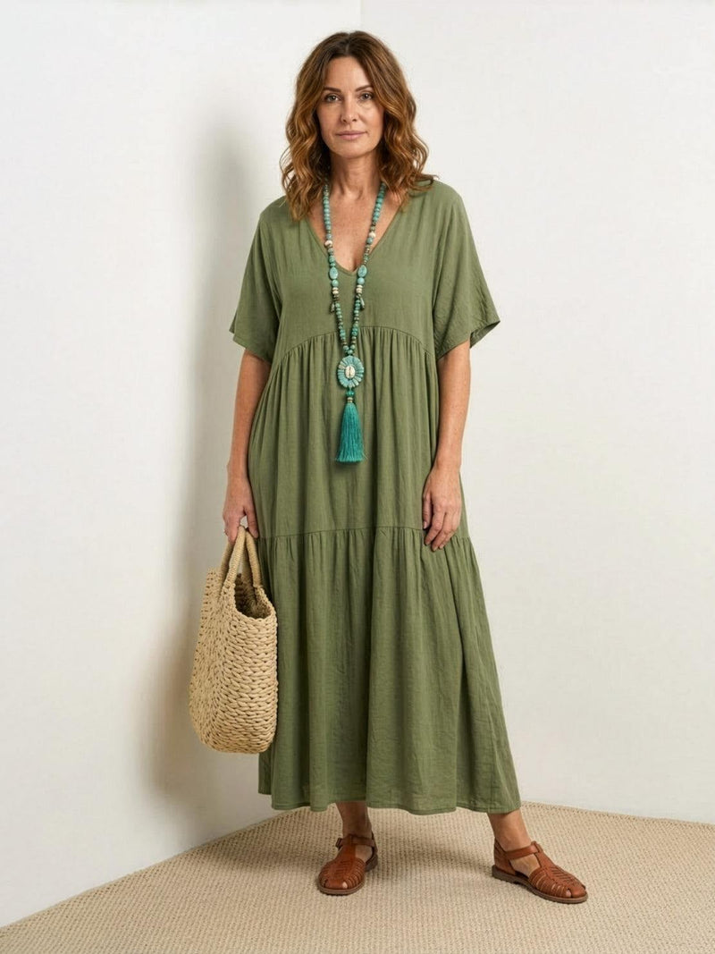 Back view of Sienna tiered maxi dress in rusty orange showing flowing swing silhouette