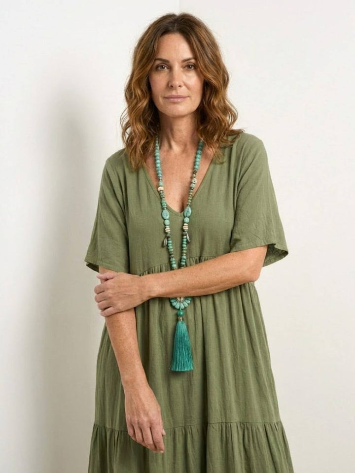 Front view of Sienna tiered maxi swing dress in black
