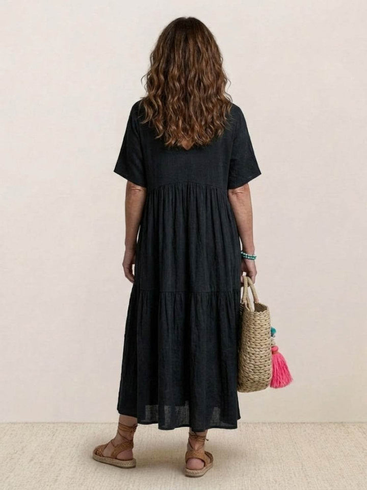 Close-up of V-neckline on Sienna maxi dress in navy blue
