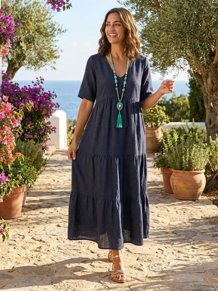 Front view of Sienna V-neck tiered maxi dress in red