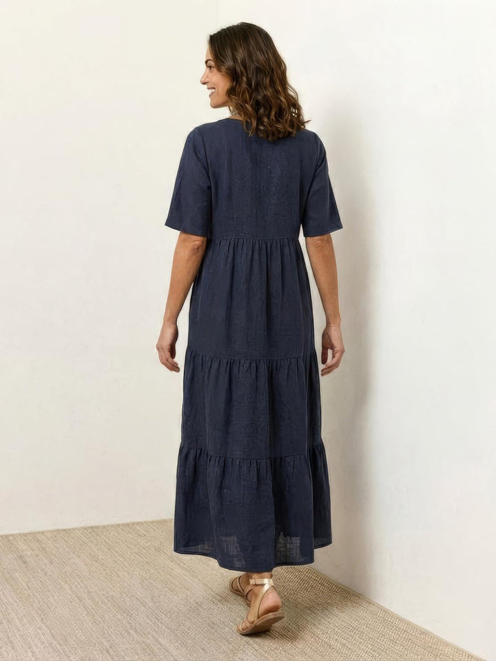 Back view of Sienna tiered maxi dress in red showing flowing silhouette