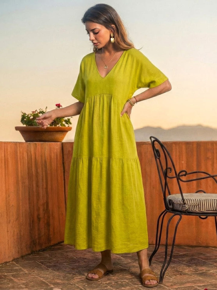 Back view of Sienna V-neck maxi dress in yellow with flowing tiered skirt