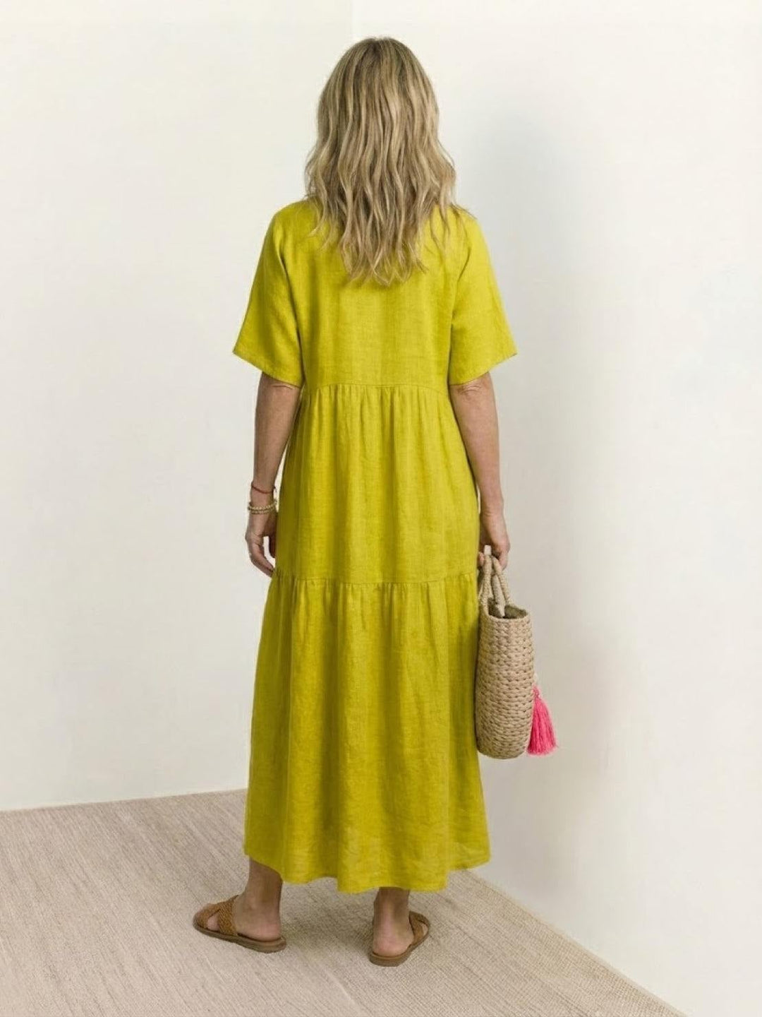 Side profile of Sienna swing maxi dress in yellow showing floor-length cut