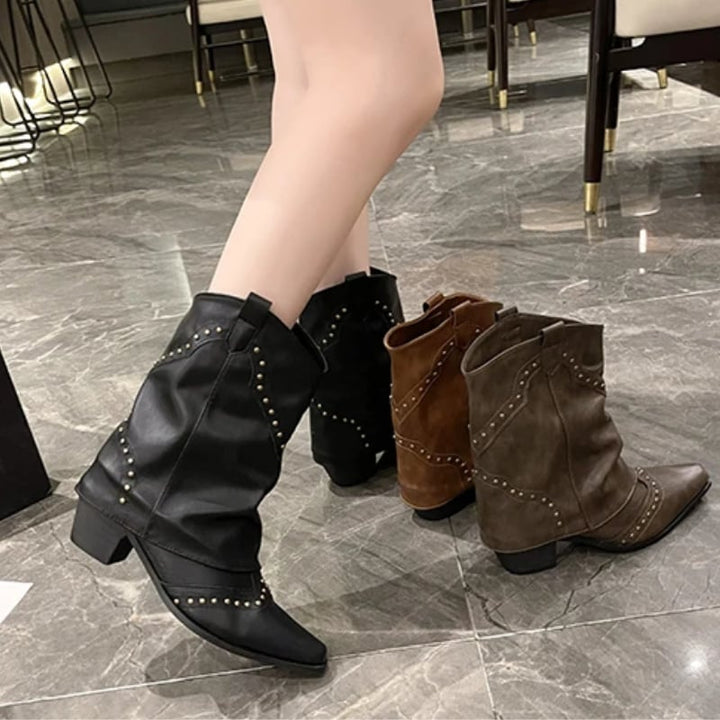 Brown Sierra studded western boots standing upright showing full boot silhouette