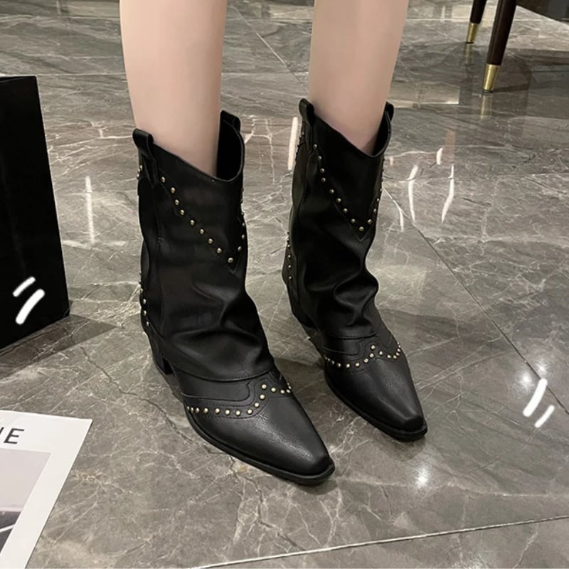 Side view of brown studded western boots with mid heel and rivet embellishments