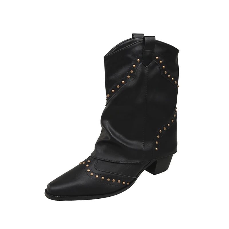 Side profile of dark brown western boots with studded detailing