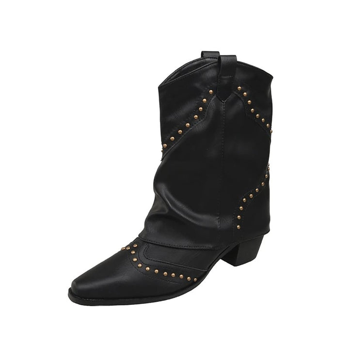 Side profile of dark brown western boots with studded detailing
