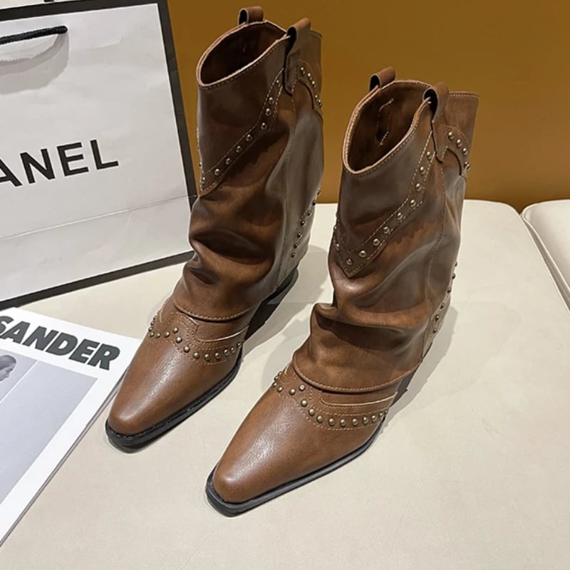 Side-by-side comparison of black and brown Sierra studded western boots