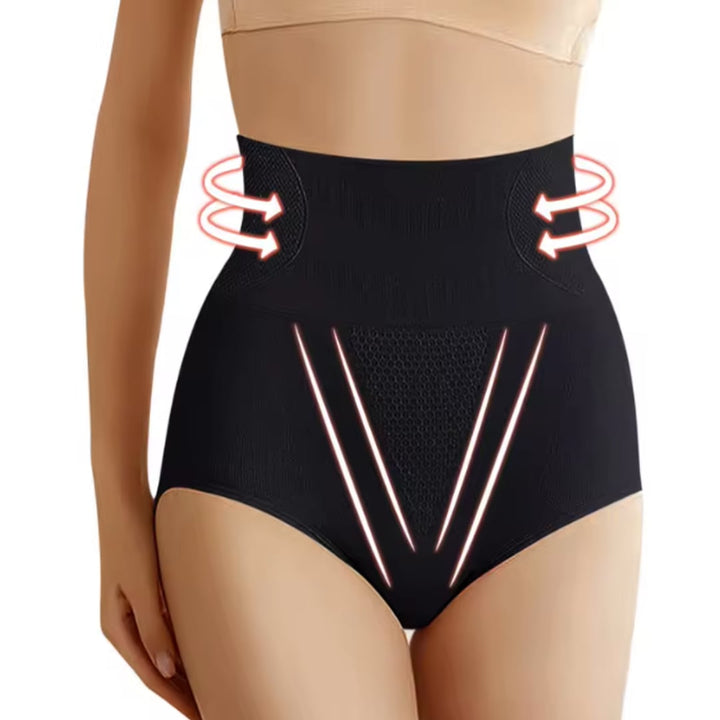 Front view of high-waist shaping underwear in beige showing smooth, seamless waistband and tummy control panel