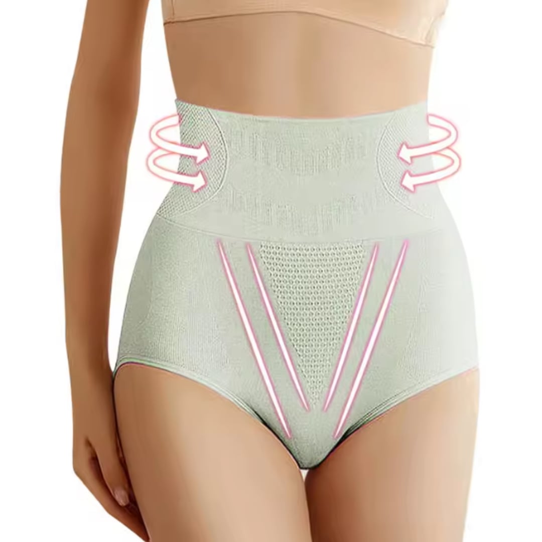 Side profile of model wearing high-waist shaping underwear in black highlighting slimming silhouette