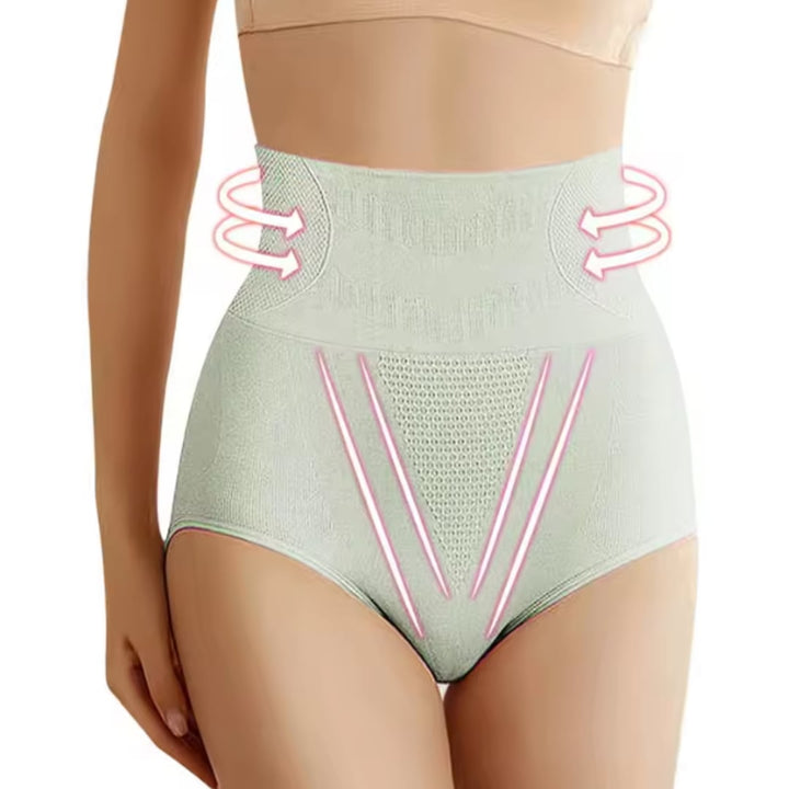 Side profile of model wearing high-waist shaping underwear in black highlighting slimming silhouette