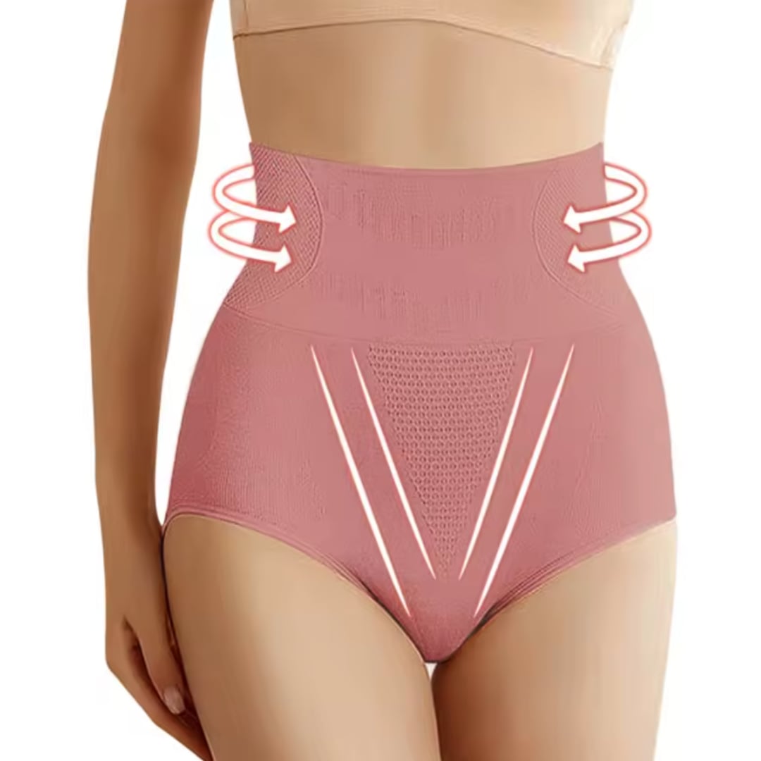Flat lay of high-waist shaping underwear in pink showing seamless construction and stretch fabric