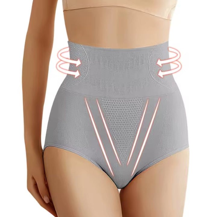 Model wearing high-waist shaping underwear in light green under fitted clothing for no-show effect