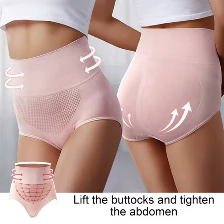 Collection of high-waist shaping underwear in all five colors: pink, black, light green, beige, and grey