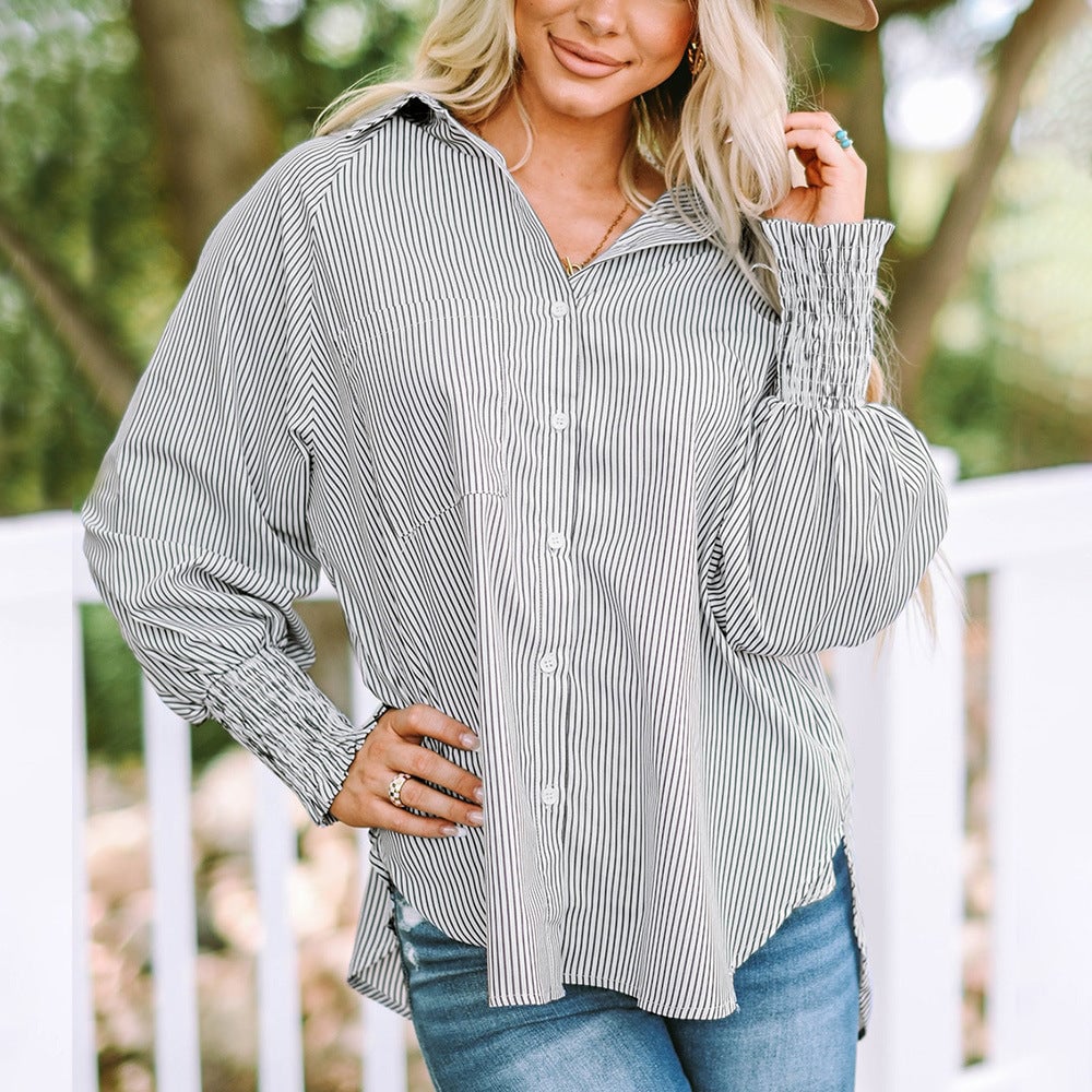 Front view of the Skye striped oversized shirt showing classic collar and button placket detail