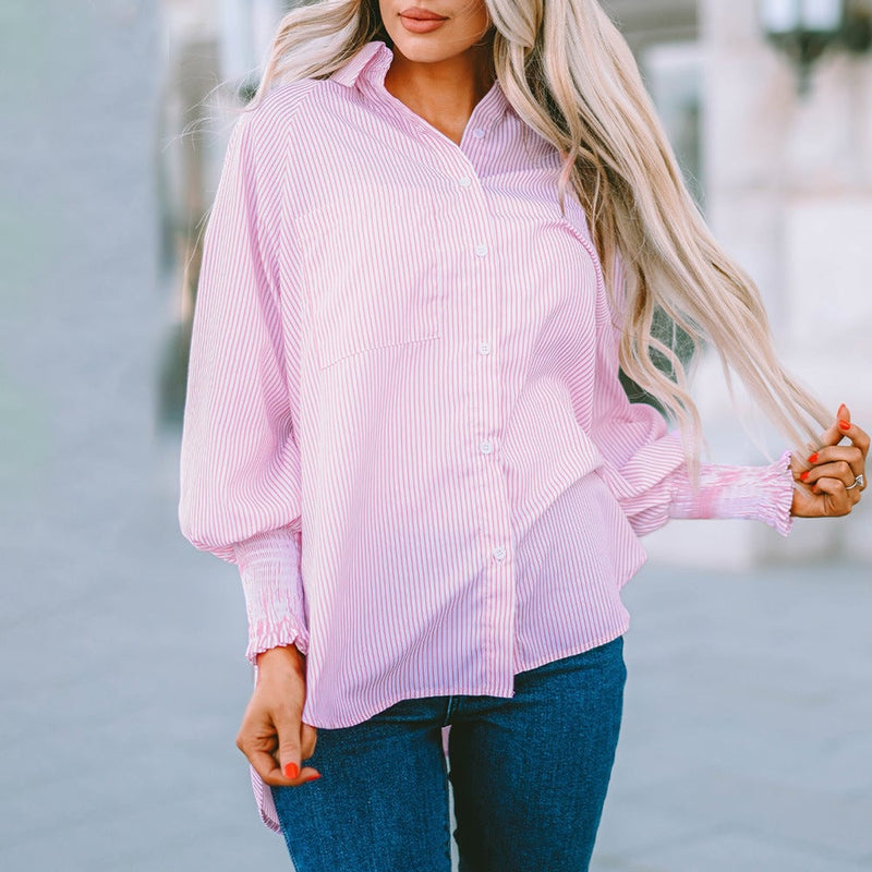 Close-up of the smocked elasticated cuff detail on the Skye long sleeve striped shirt