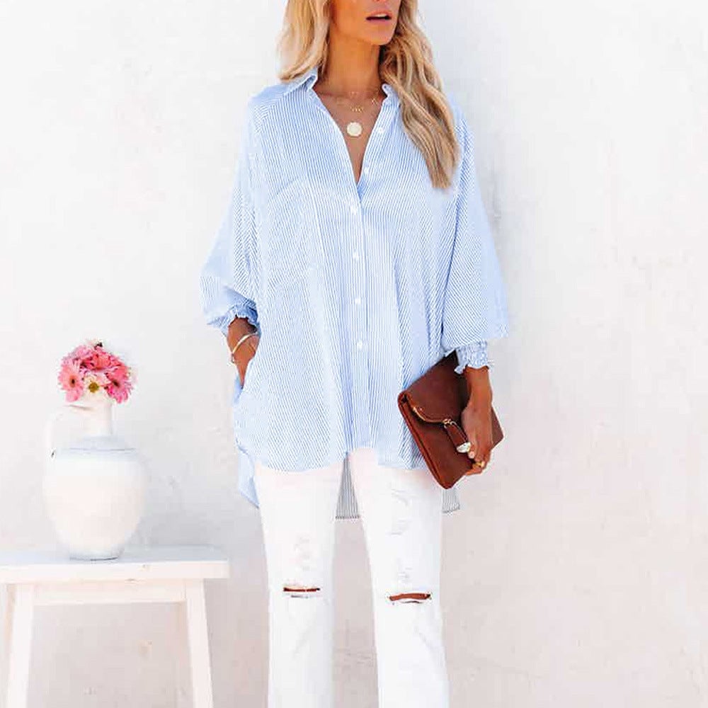 Back view of the Skye oversized striped button-down shirt showing relaxed boxy fit