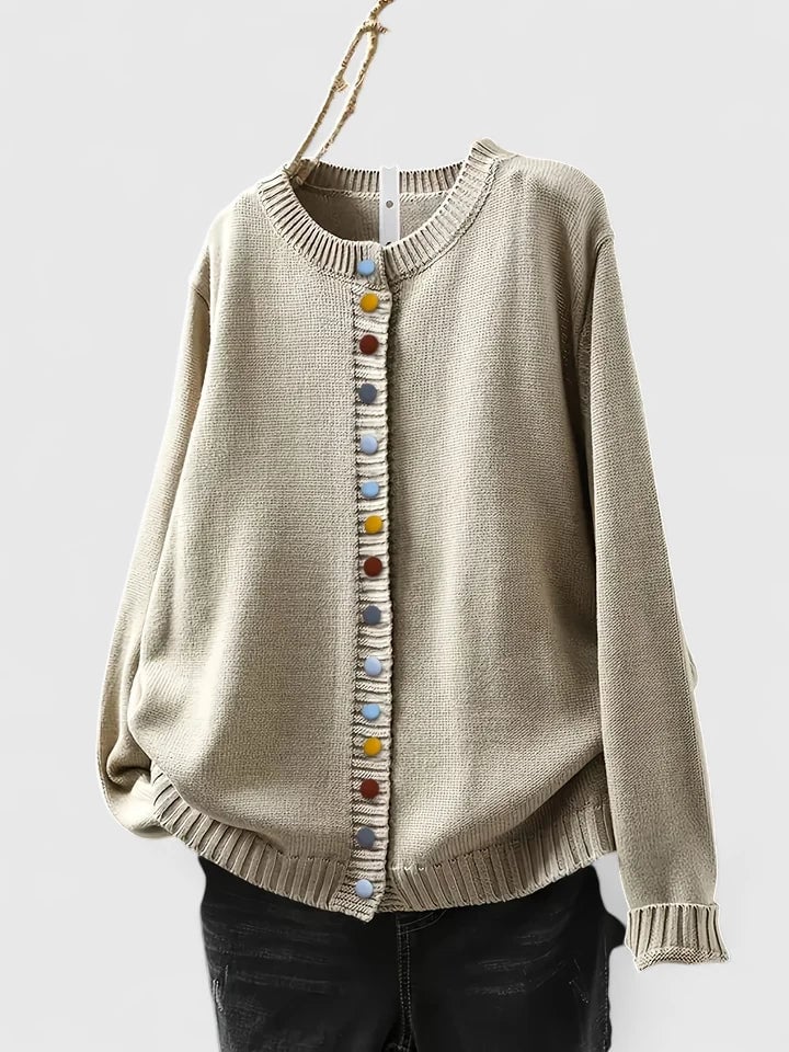 Model wearing the Skylar comfortable cardigan in a relaxed fit, styled over a casual outfit