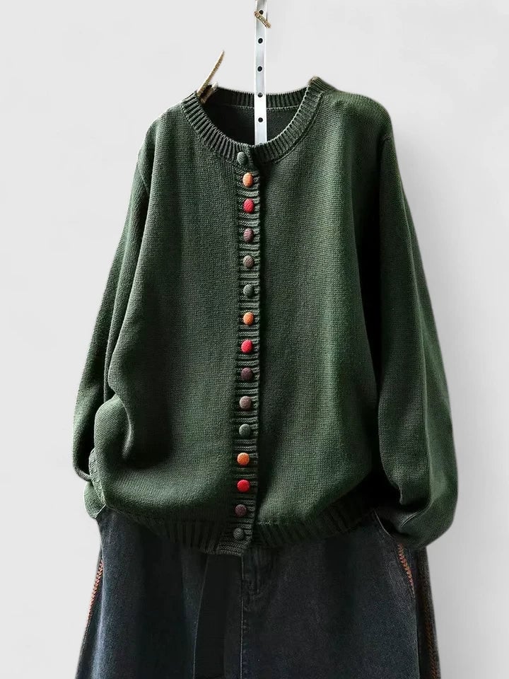 Side view of the Skylar comfortable cardigan highlighting its relaxed silhouette