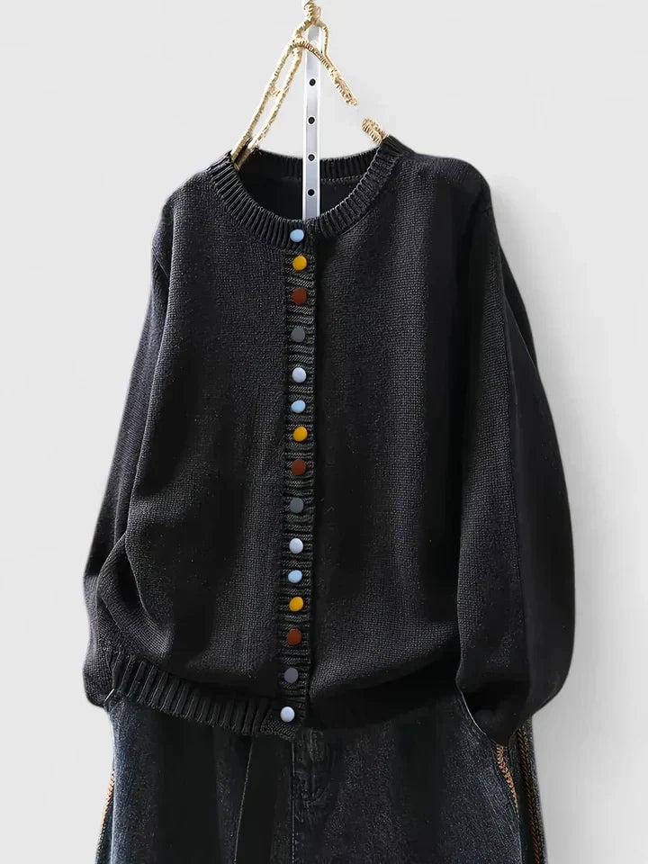 Skylar cardigan in dark brown styled with trousers for a polished, layered outfit
