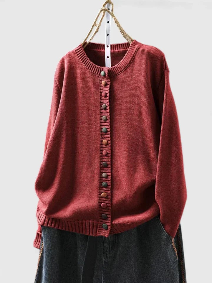 Detail shot of the Skylar cardigan neckline and soft knit material
