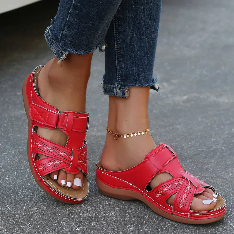 Skylark wedge sandals in red, close-up of padded insole and arch support structure