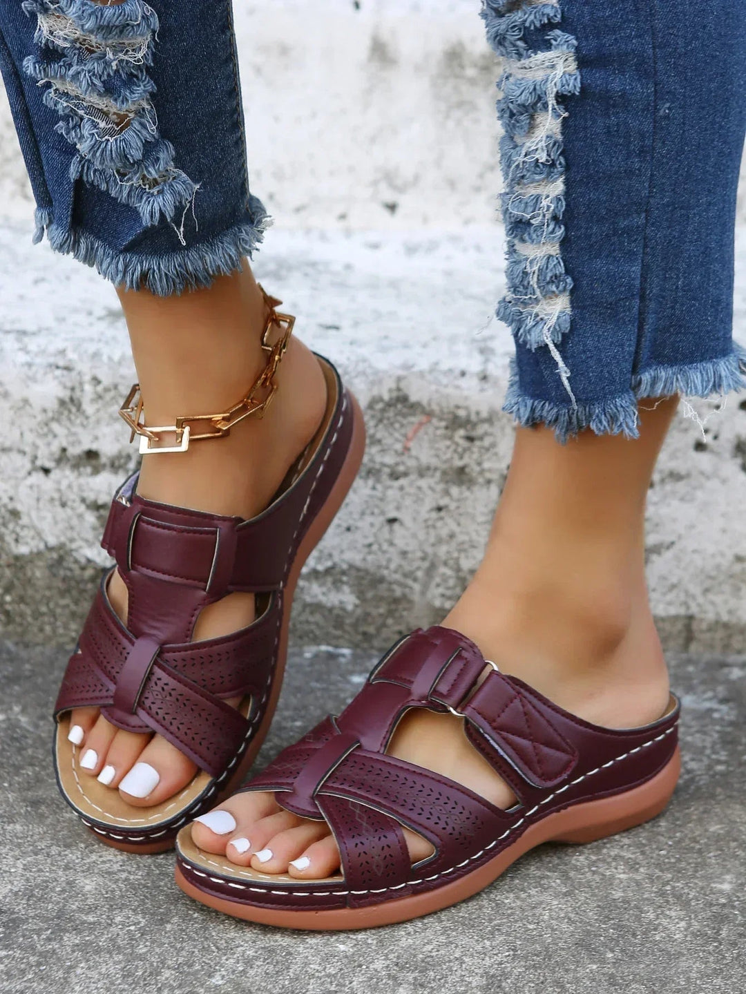 Skylark wedge sandals in wine red, top-down view showing strap layout and toe bed