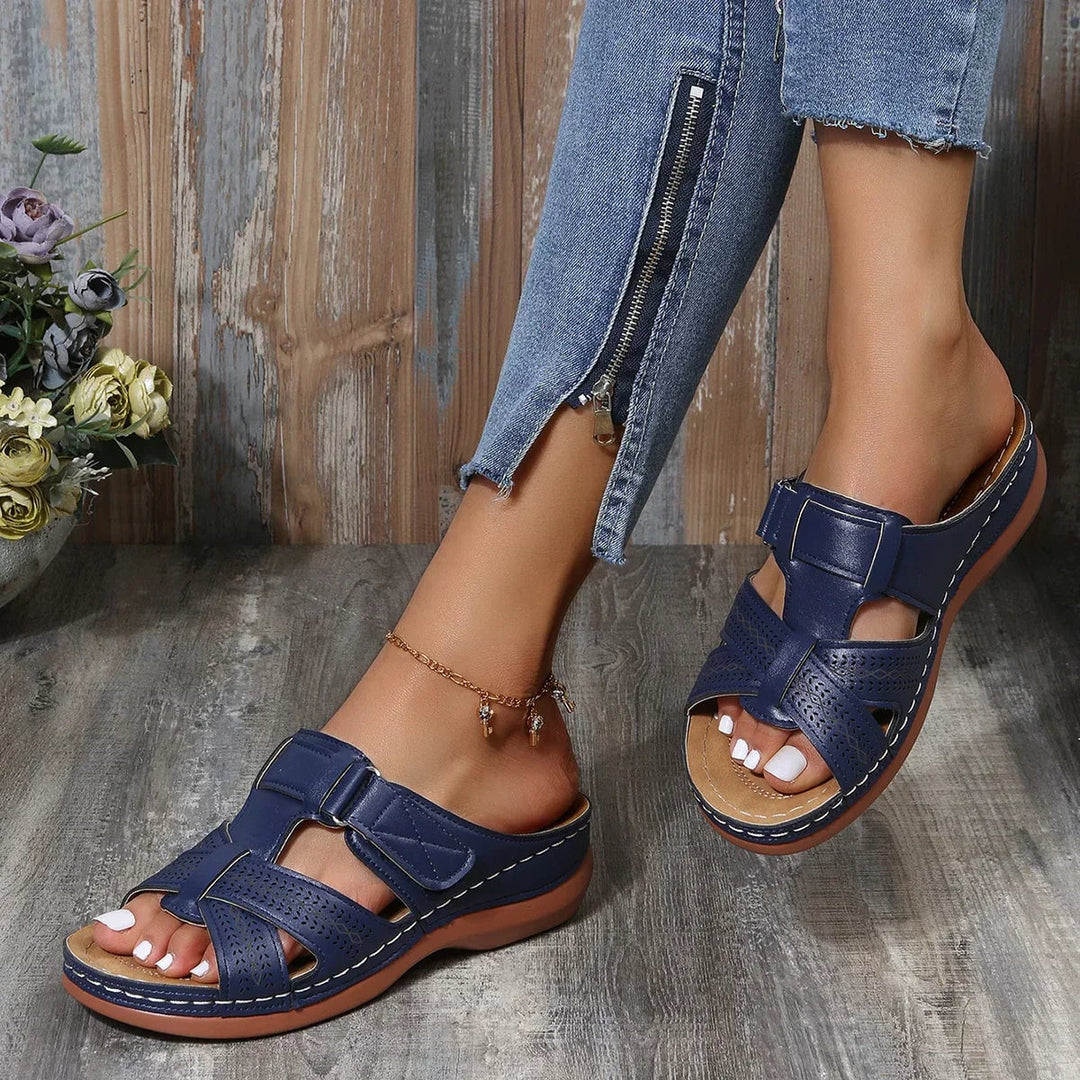 Close-up of Skylark wedge sandal heel and sole construction showing cushioned base