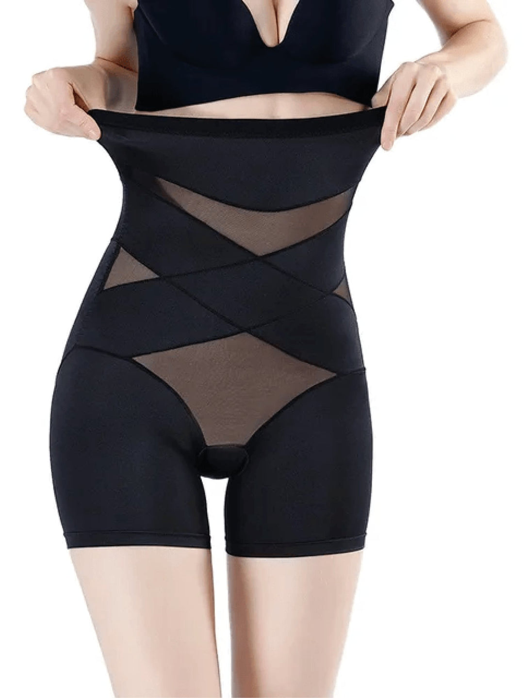 Front view of a high-waist compression shaper in black showing smooth tummy control and wide waistband