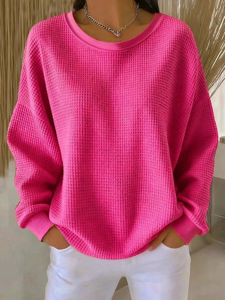 Flat lay of the Sofia textured knit sweater in blue showing overall construction and sleeve length
