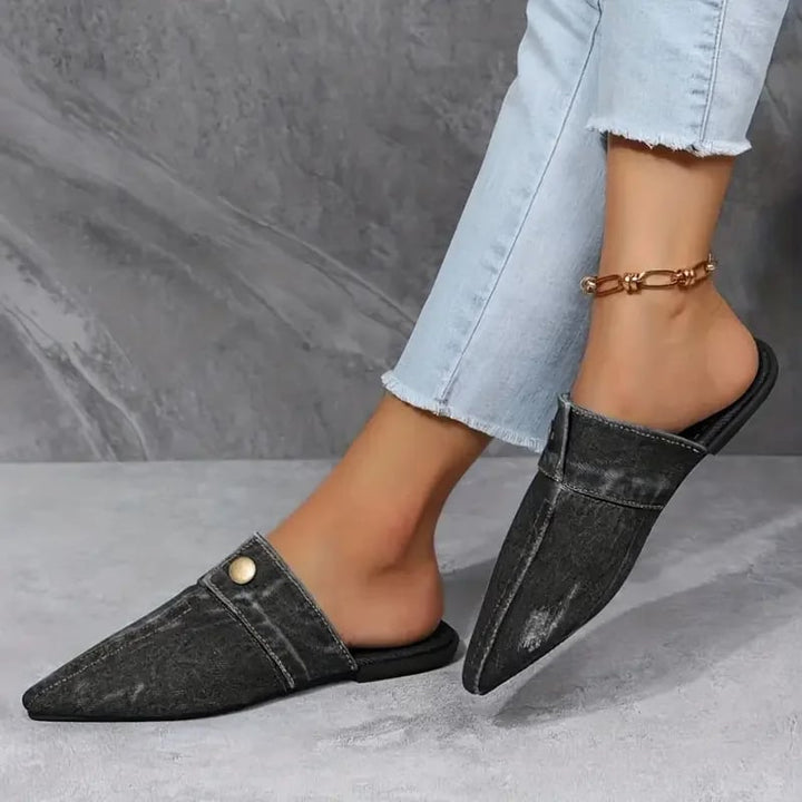Sofia pointed toe denim mule flats in all three colorways — blue, black, and indigo — arranged together